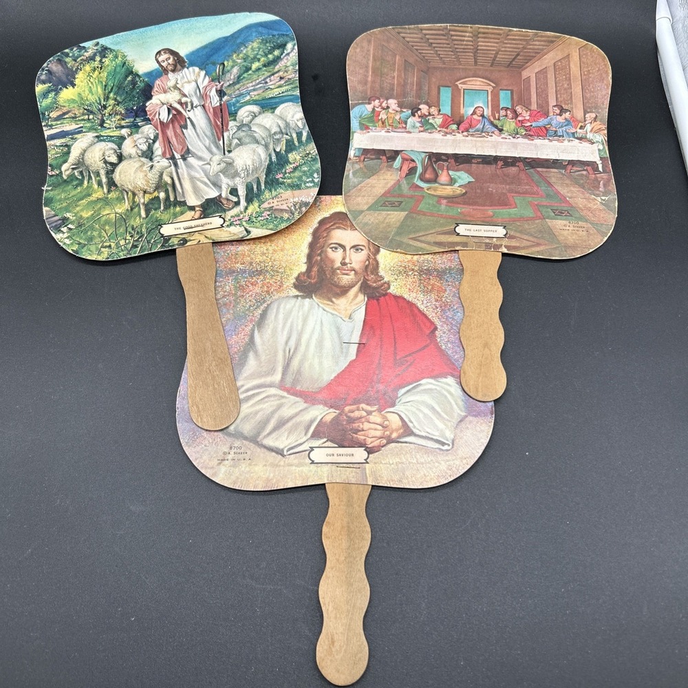 3 Antique Church Religious Hand Fans Midwest Jesus USA A. Scheer artist wooden